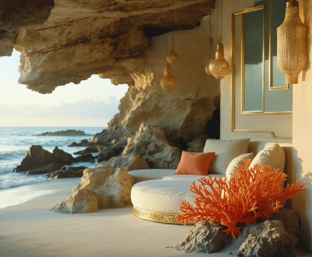 Elegant coastal interior with coral accents and gold trim