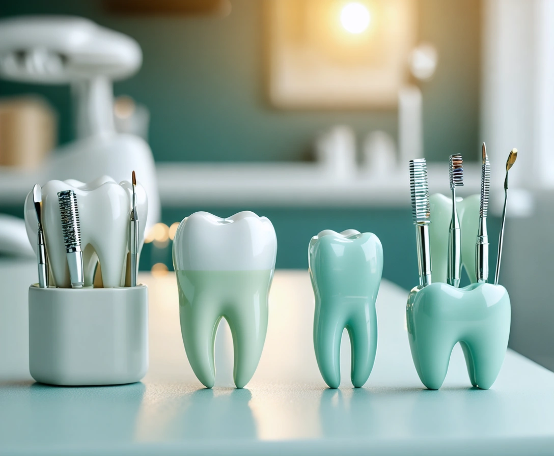 Two dental workspaces in soft ocean tones with golden lighting