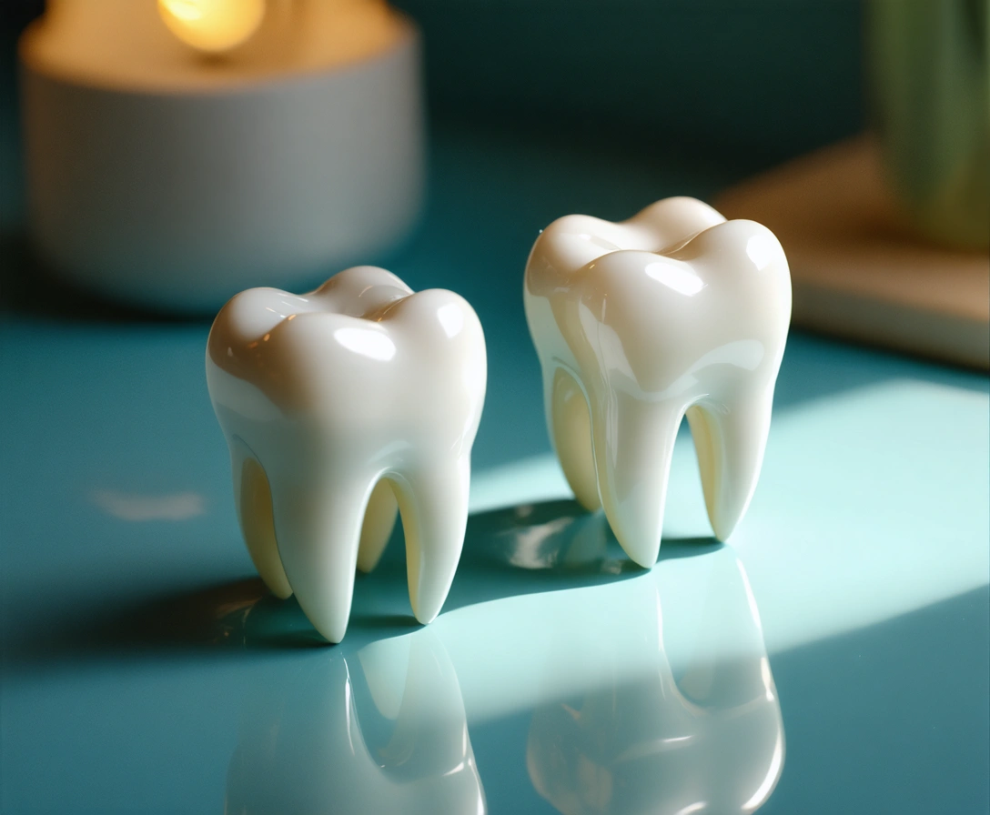 Two dental workspaces in soft ocean tones with golden lighting