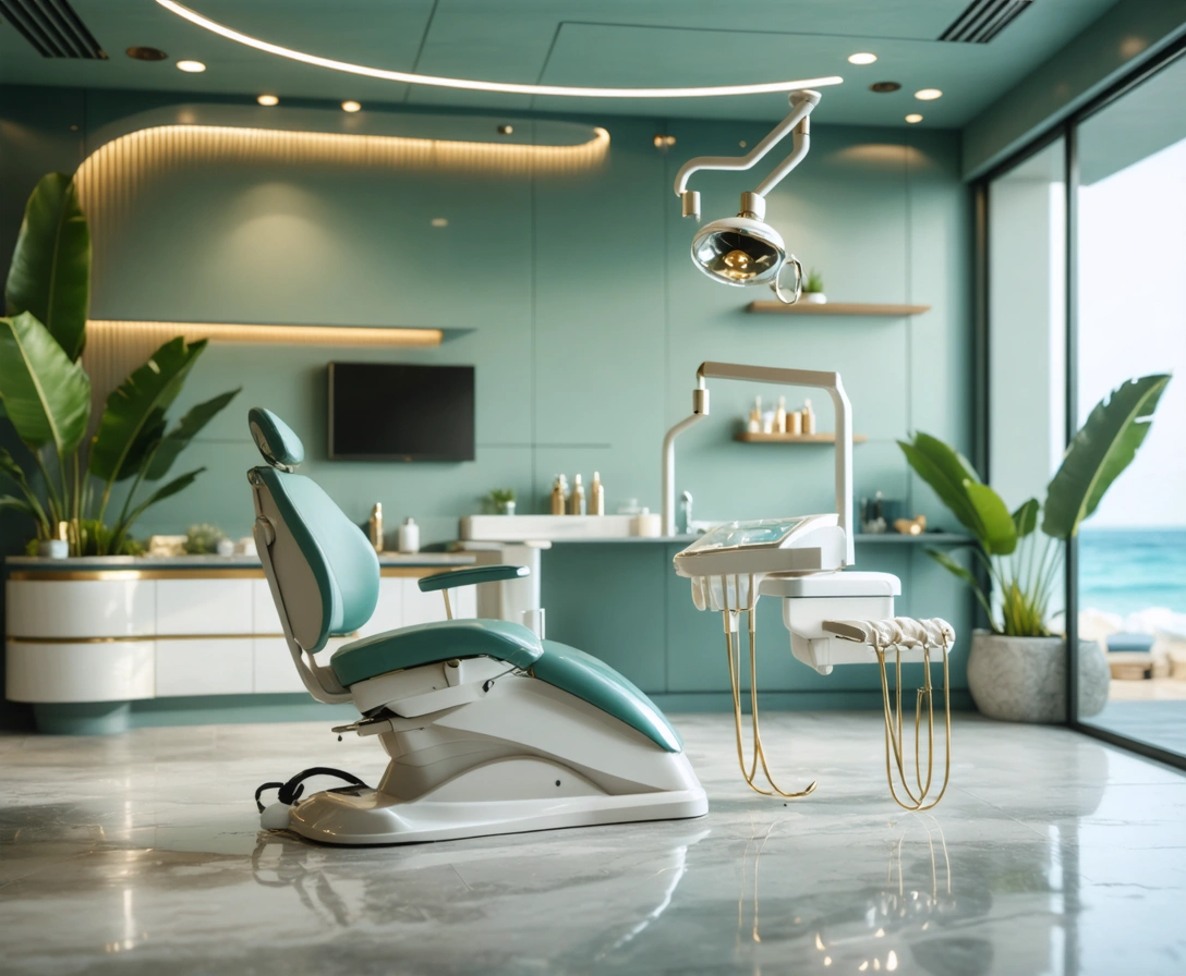 Modern dental studio interior with seafoam tones and gold fixtures