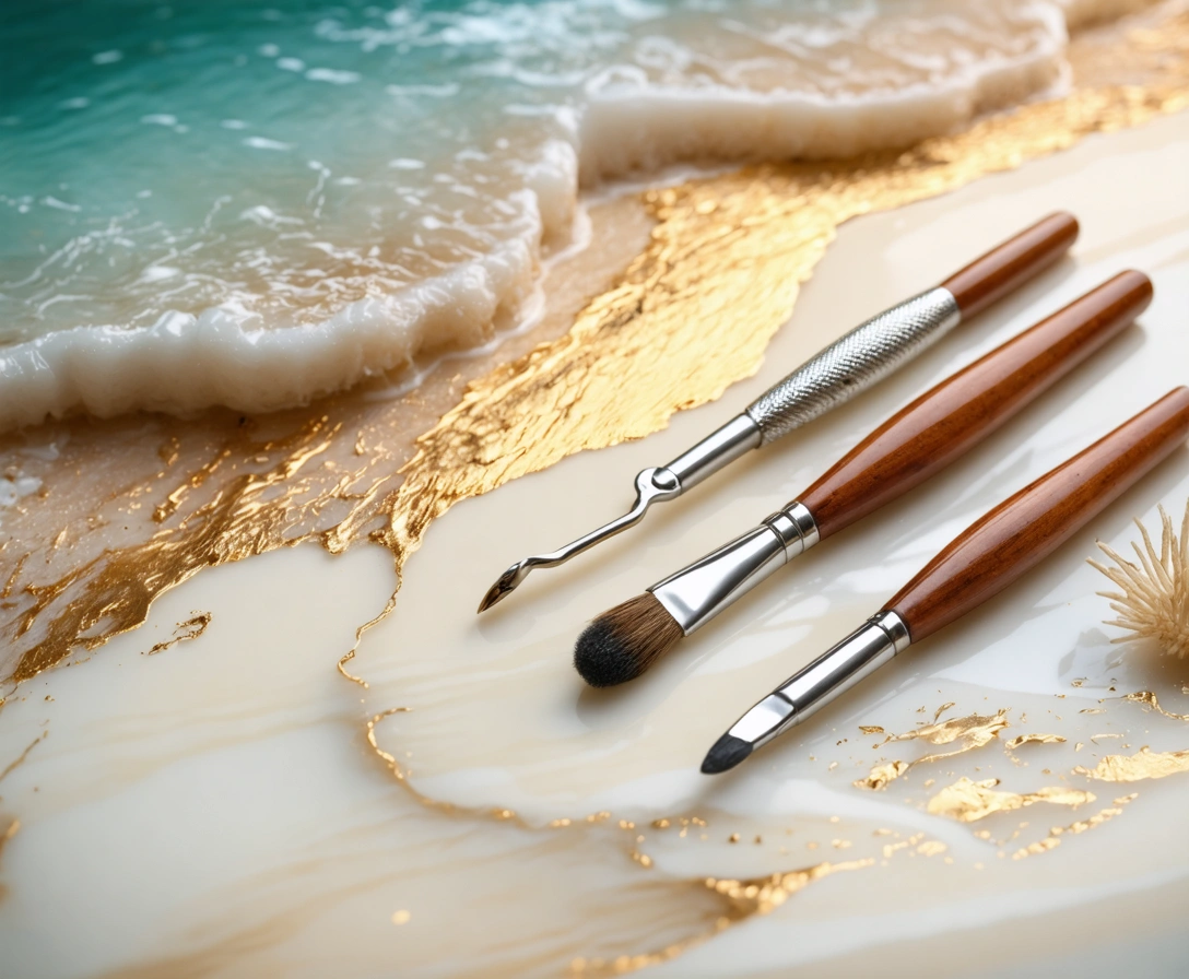 Artist's tools on ivory and coral textures with golden reflections