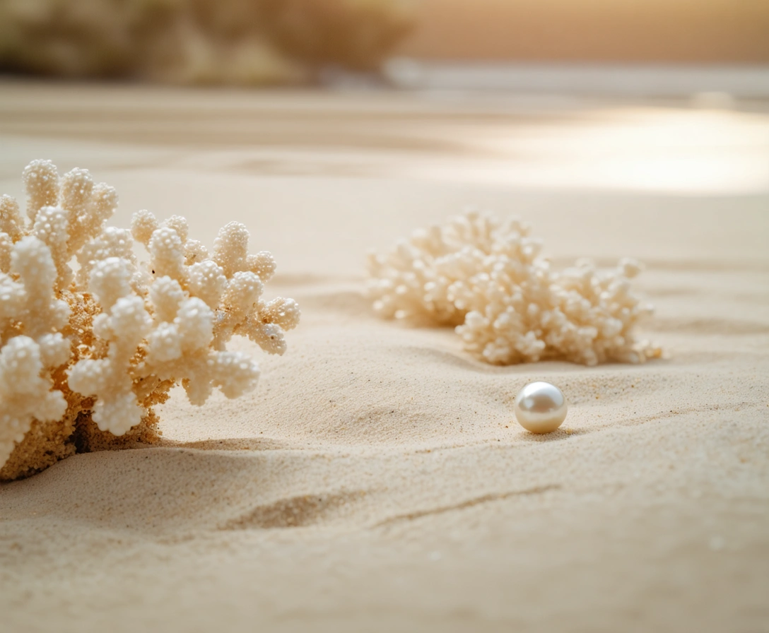 Pearl resting on sand next to coral in warm sunlight