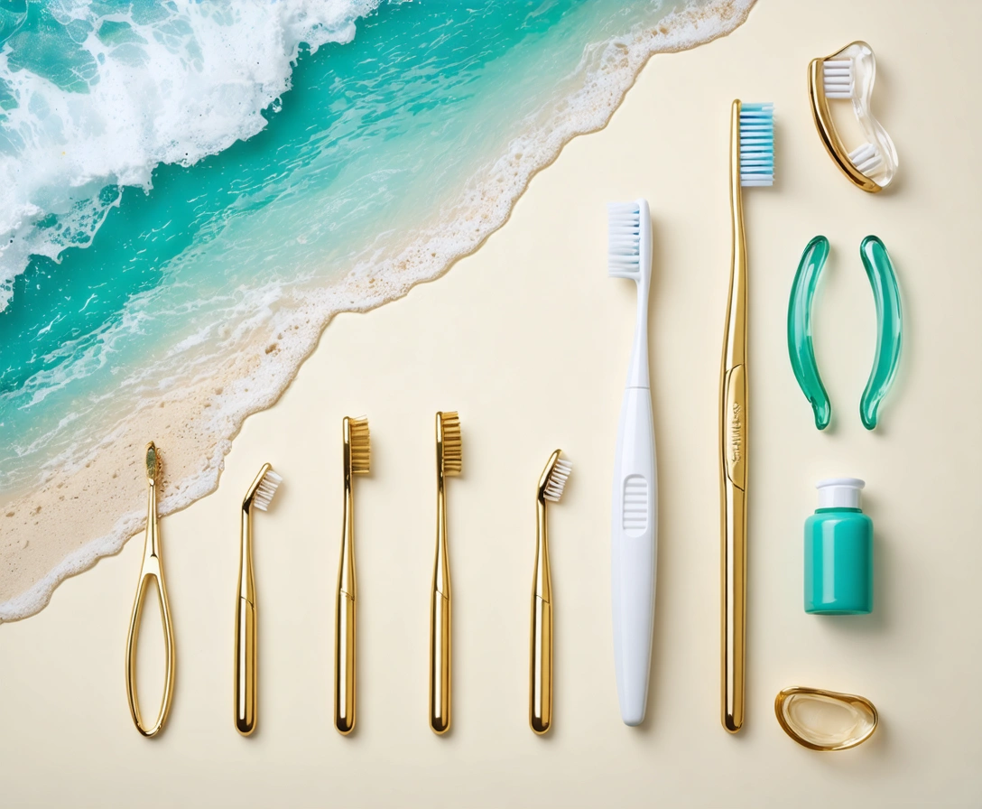 Luxurious dental care tools arranged on a sandy beige surface with ocean-blue accents