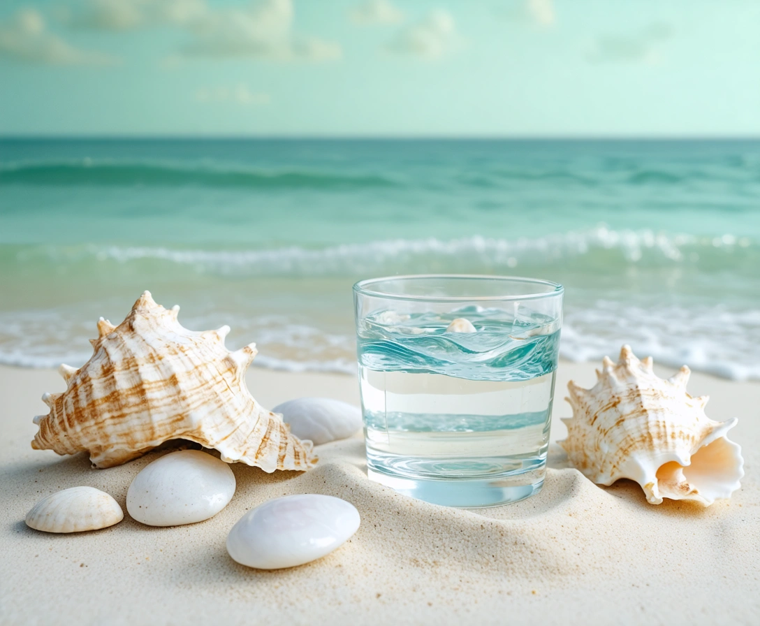 Luxury coastal scene with seashells, stones, and a glass of water