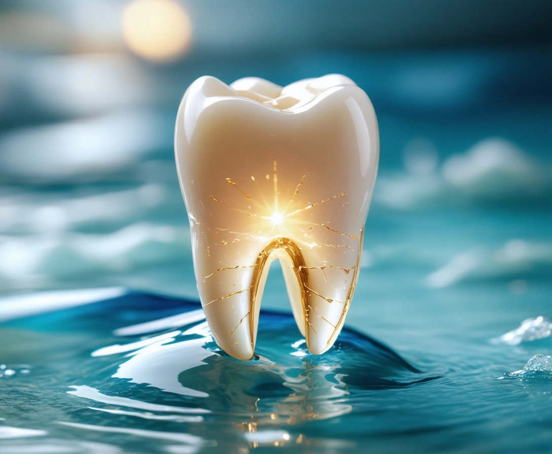 Dentist restoring a luminous tooth with fine instruments