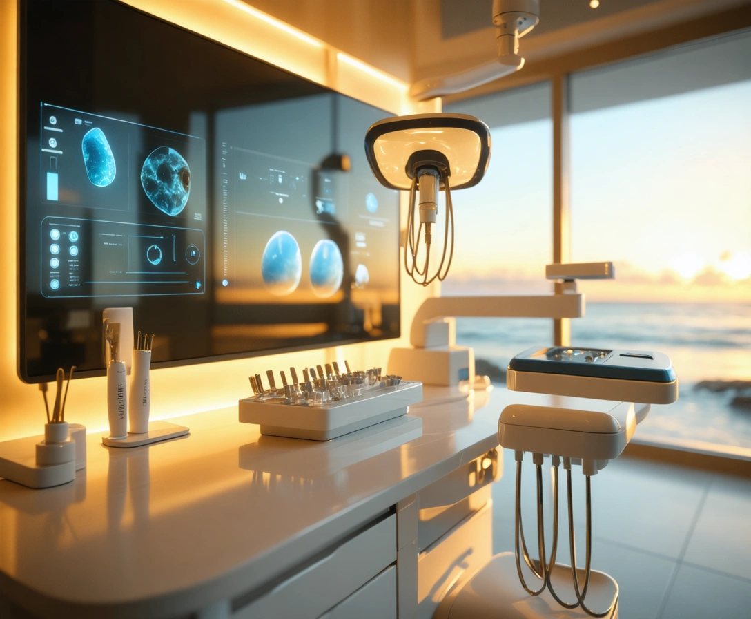 Modern dental workspace with advanced tools and ocean reflections