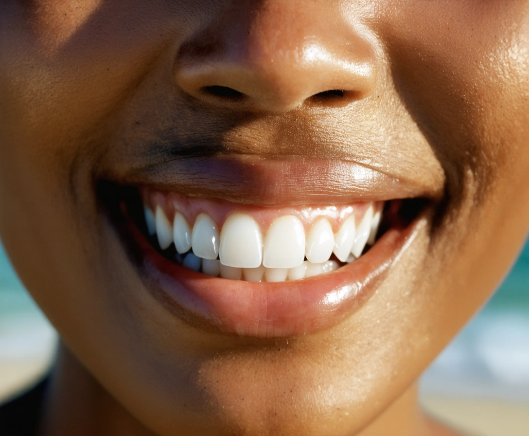 Close-up of a beautifully restored smile in coastal light