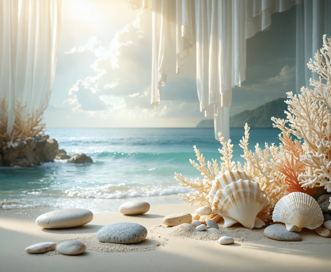 Minimalist spa-like setting with sunlight reflecting off beige surfaces and subtle sea elements