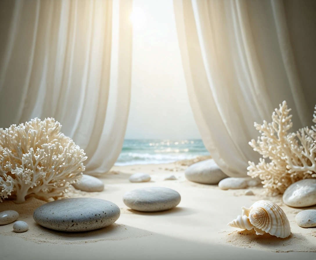 A tranquil, high-end coastal-inspired composition that symbolizes balance, wellness, and artistry in dentistry The