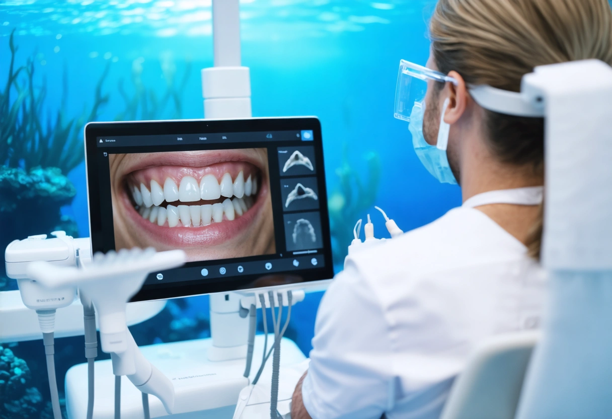 A dentist explaining clear aligners to a patient in a modern, ocean-inspired dental office. The