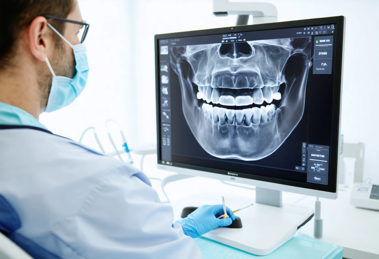 A dentist using advanced 3D imaging technology in a modern dental office. The screen displays