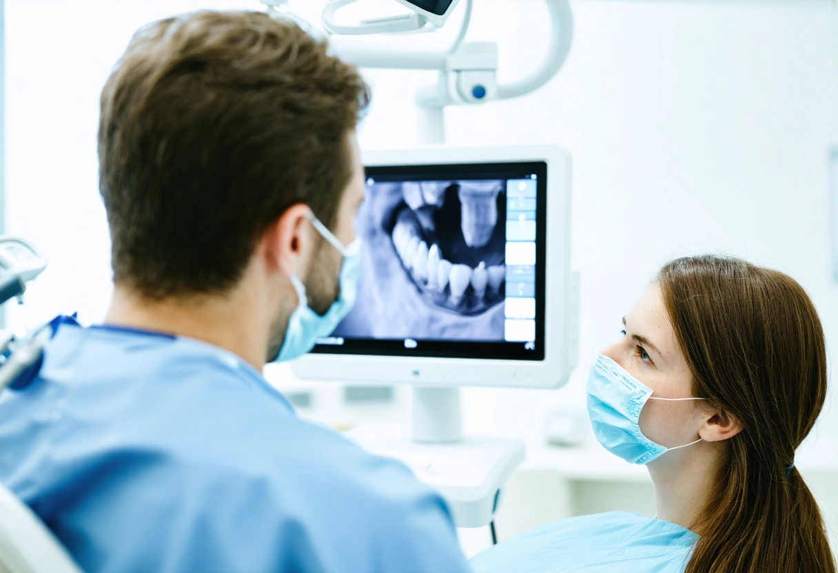 A dentist using visual aids to explain a procedure to a patient in a bright,