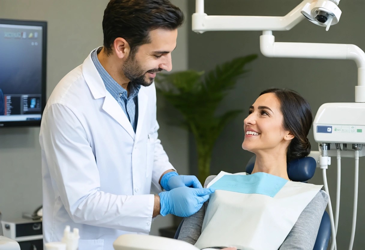 A dentist warmly greeting a patient by name in a serene dental office. The patient