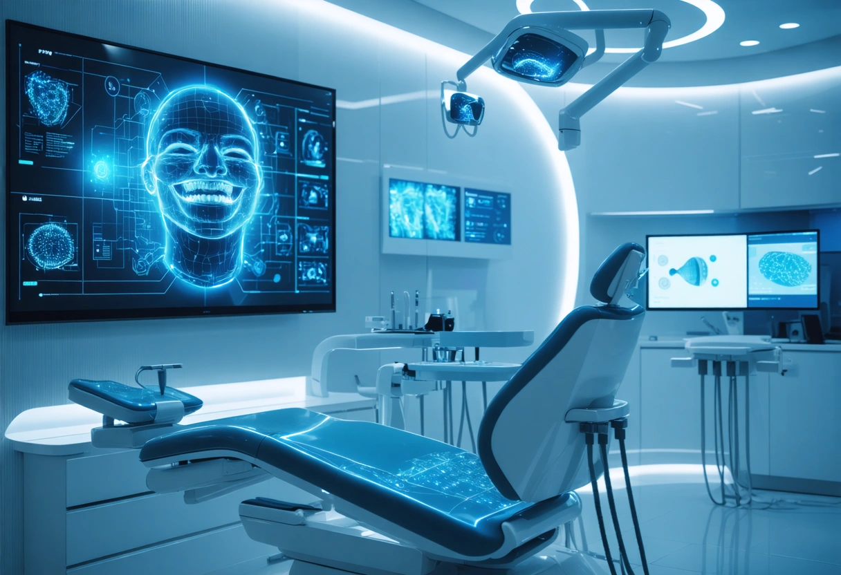 A futuristic dental office showcasing AI technology in smile design. A screen displays AI-driven diagnostics.