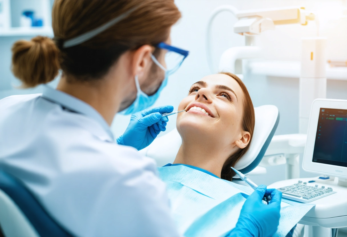 A modern dental office showcasing advanced technology, like laser equipment, with a dentist explaining to