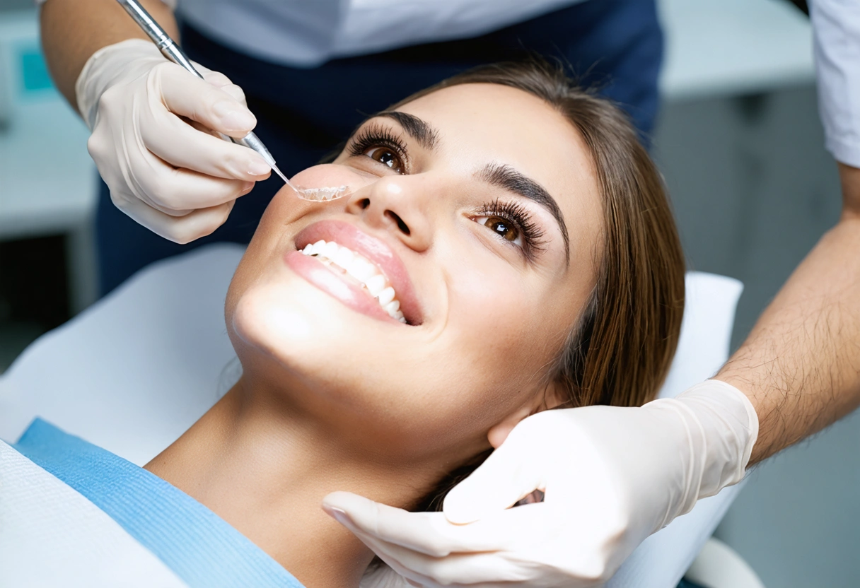 A patient receiving clear aligners from a dentist in a tranquil, spa-like dental studio. The