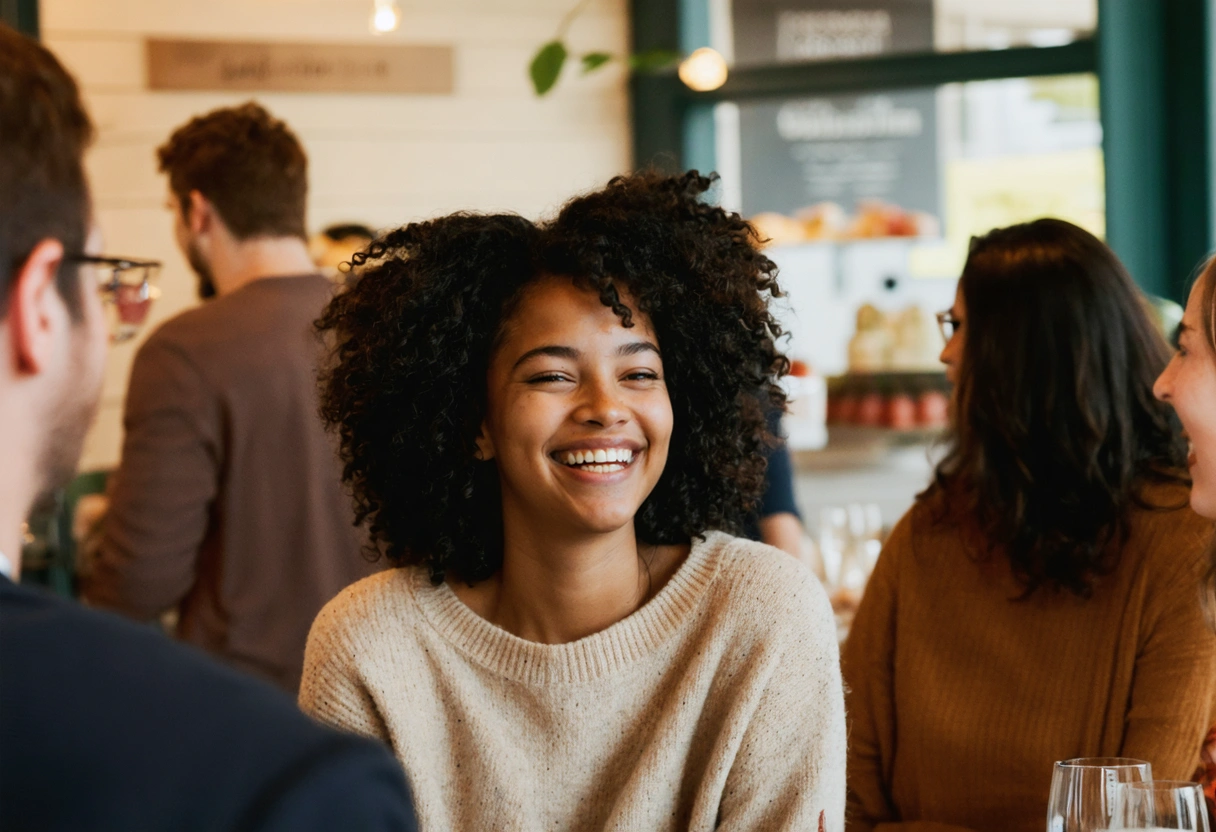 A person confidently smiling in a social setting, surrounded by friends. The environment is lively