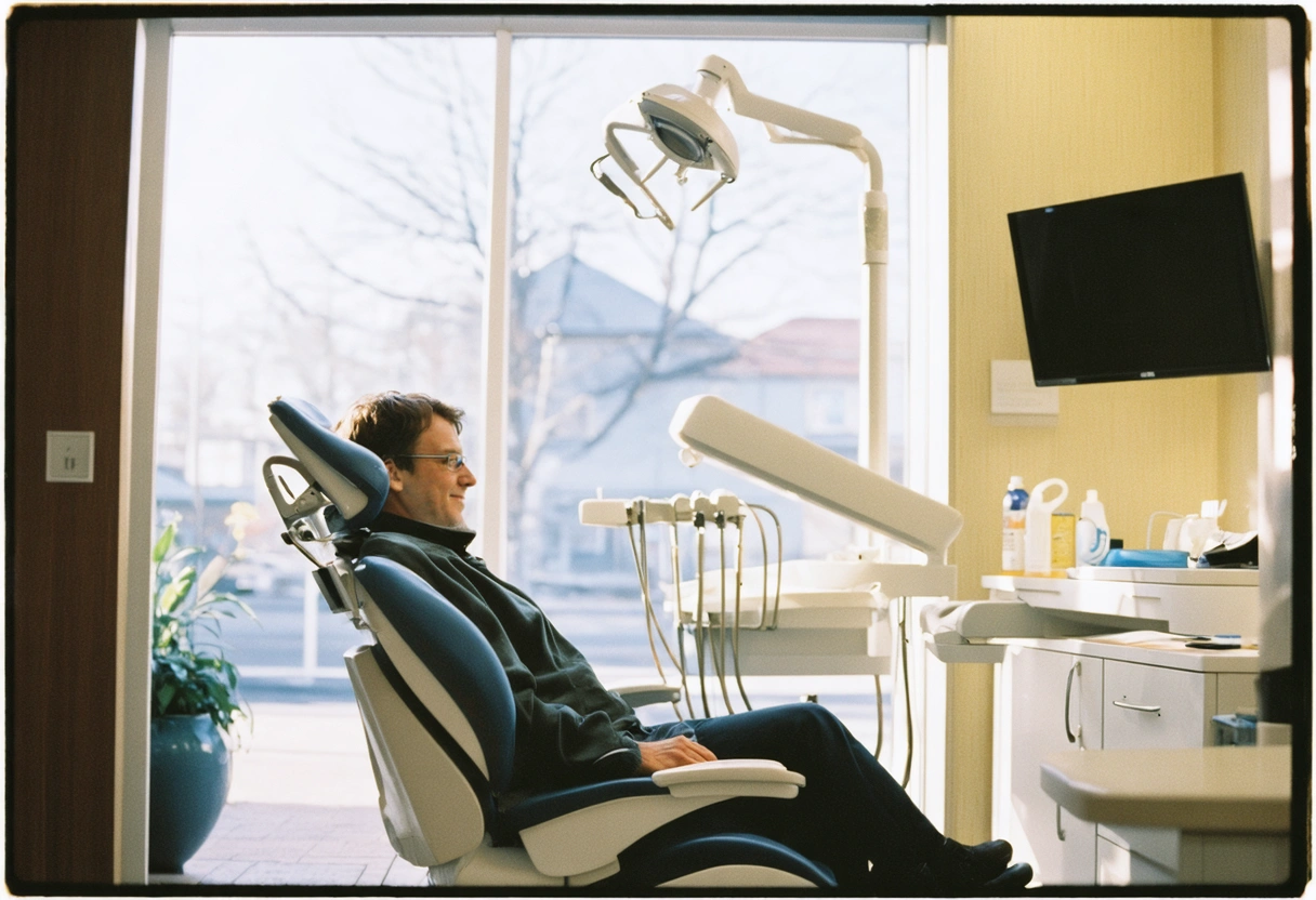 "Calm patient in cozy dental office, serene atmosphere at Soleil Dental Studio."