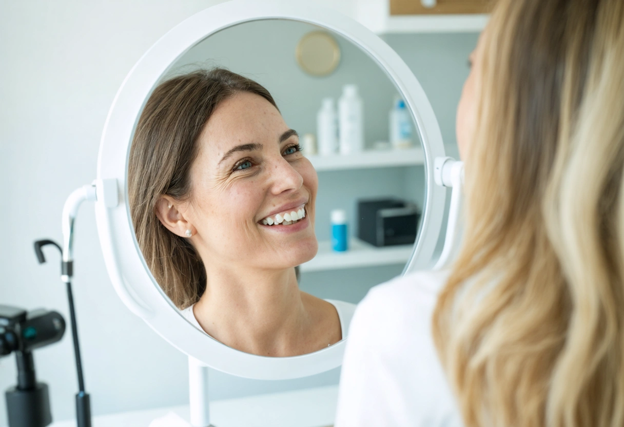 Patient smiling in mirror at serene dental studio with coastal decor and warm lighting.