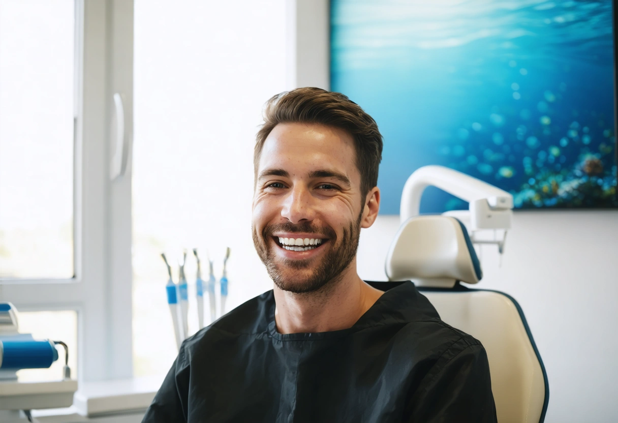 A smiling adult wearing clear aligners, sitting in a serene dental studio with ocean-themed decor.