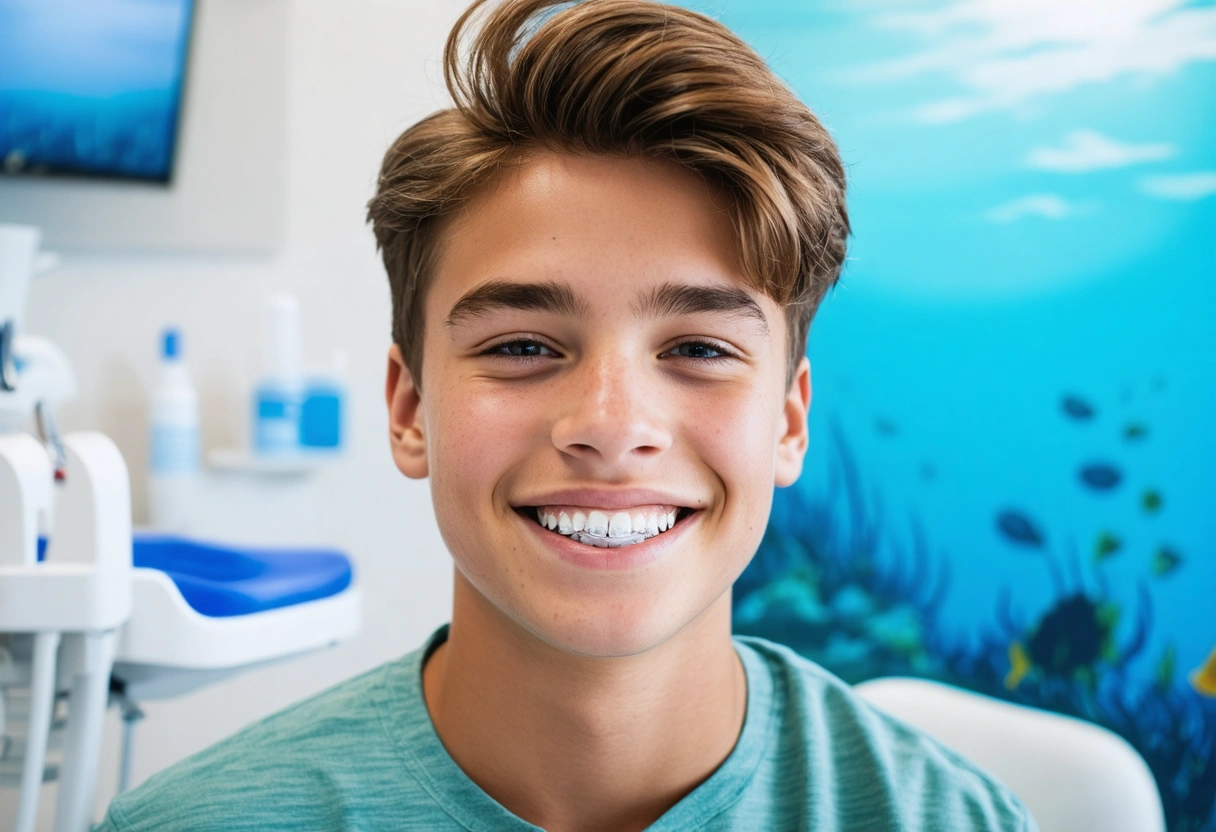 A teenager wearing clear aligners, smiling in a bright, modern dental studio. The setting is