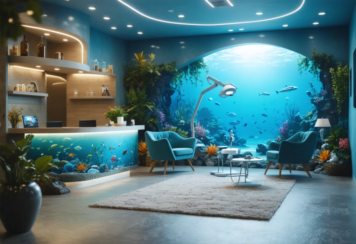 A welcoming dental studio with soft lighting, comfortable seating, and a calming ocean theme. The