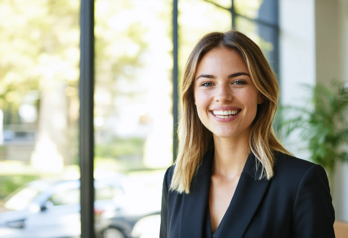 A young professional smiling confidently after clear aligner treatment, standing in an elegant office setting.