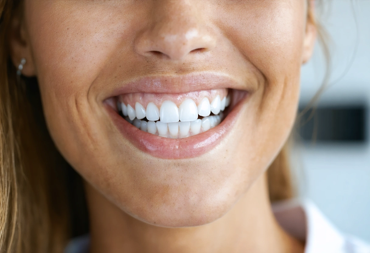 Close-up of a confident smile after a comprehensive makeover at a modern dental studio