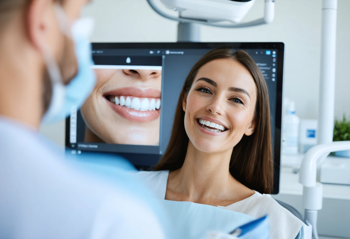Confident patient and dentist reviewing digital smile design in a modern coastal-inspired dental studio