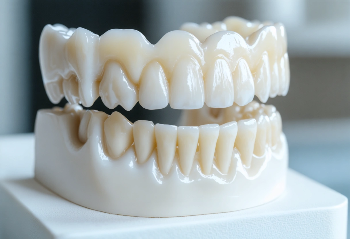 A close-up of a dental bridge chart showing different types: traditional, cantilever, Maryland, implant-supported. The
