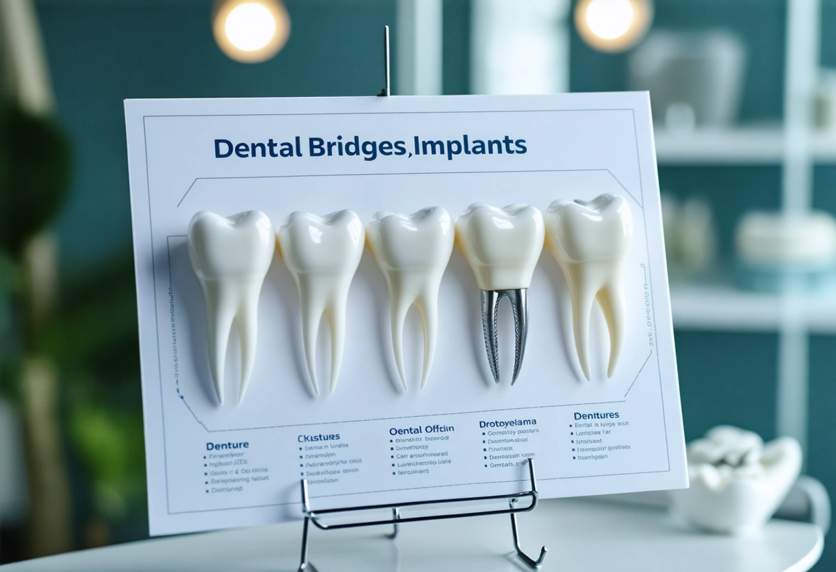 A comparative chart of dental bridges, implants, and dentures in a modern dental office. The