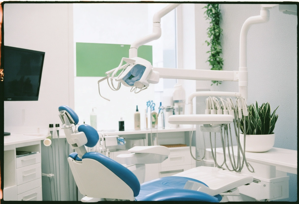 A dental office using eco-friendly materials. A dentist uses biodegradable products, showcasing commitment to sustainability.