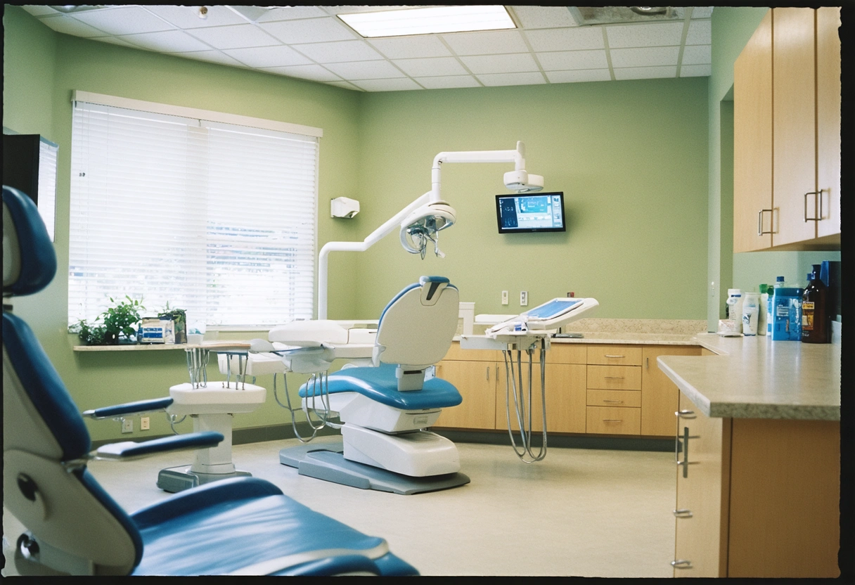 A dental office with a calm and inviting atmosphere, encouraging regular visits. Wide view showing