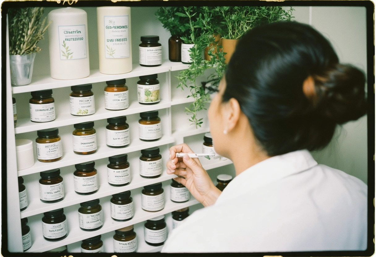 A patient at home using natural oral care products, herbal mouth rinse, and oil pulling.