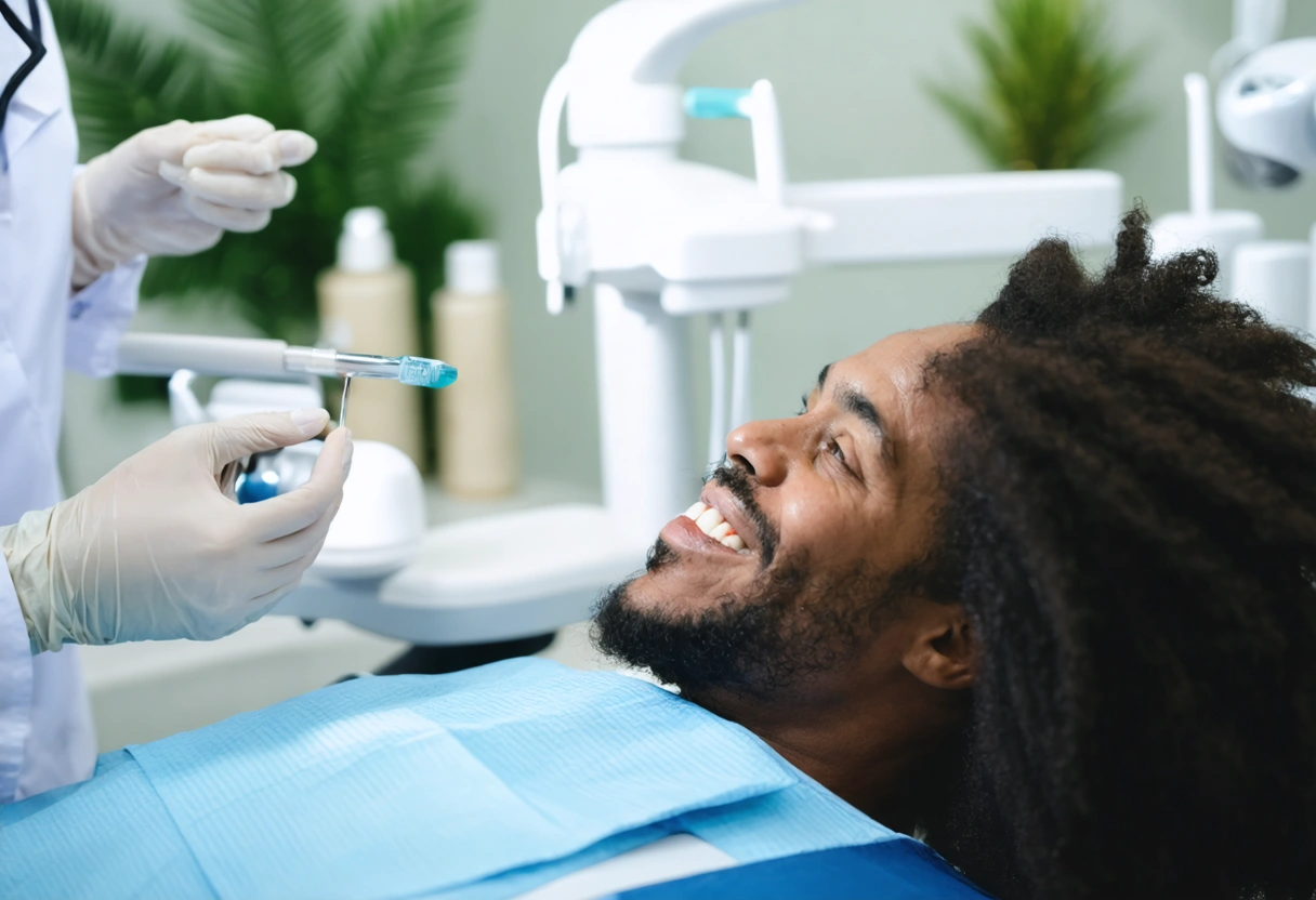 A dentist and patient discussing a personalized treatment plan in a tranquil, spa-like dental studio.