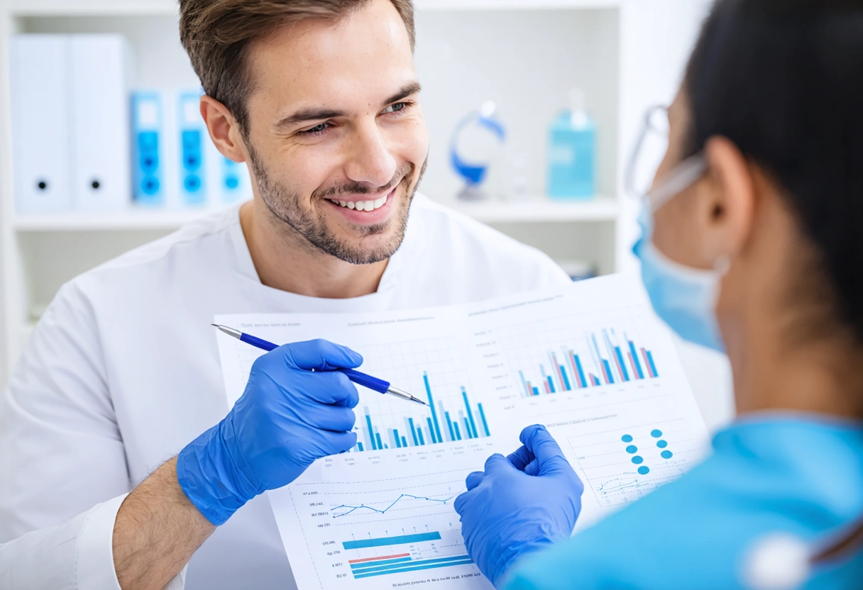 A dentist crafting a personalized treatment plan with a patient, using charts and models. Bright,