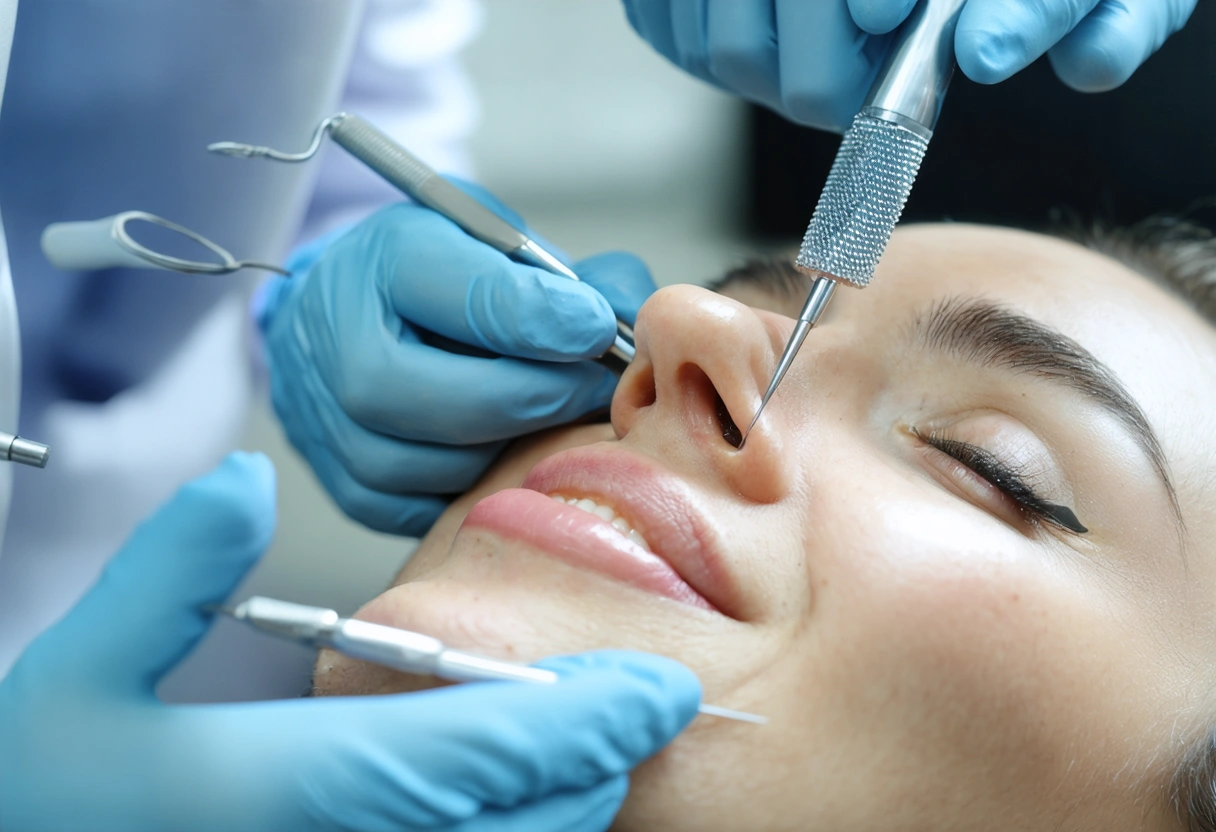 A dentist at Soleil Dental Studio showing a patient biocompatible materials, highlighting non-invasive techniques. Warm,