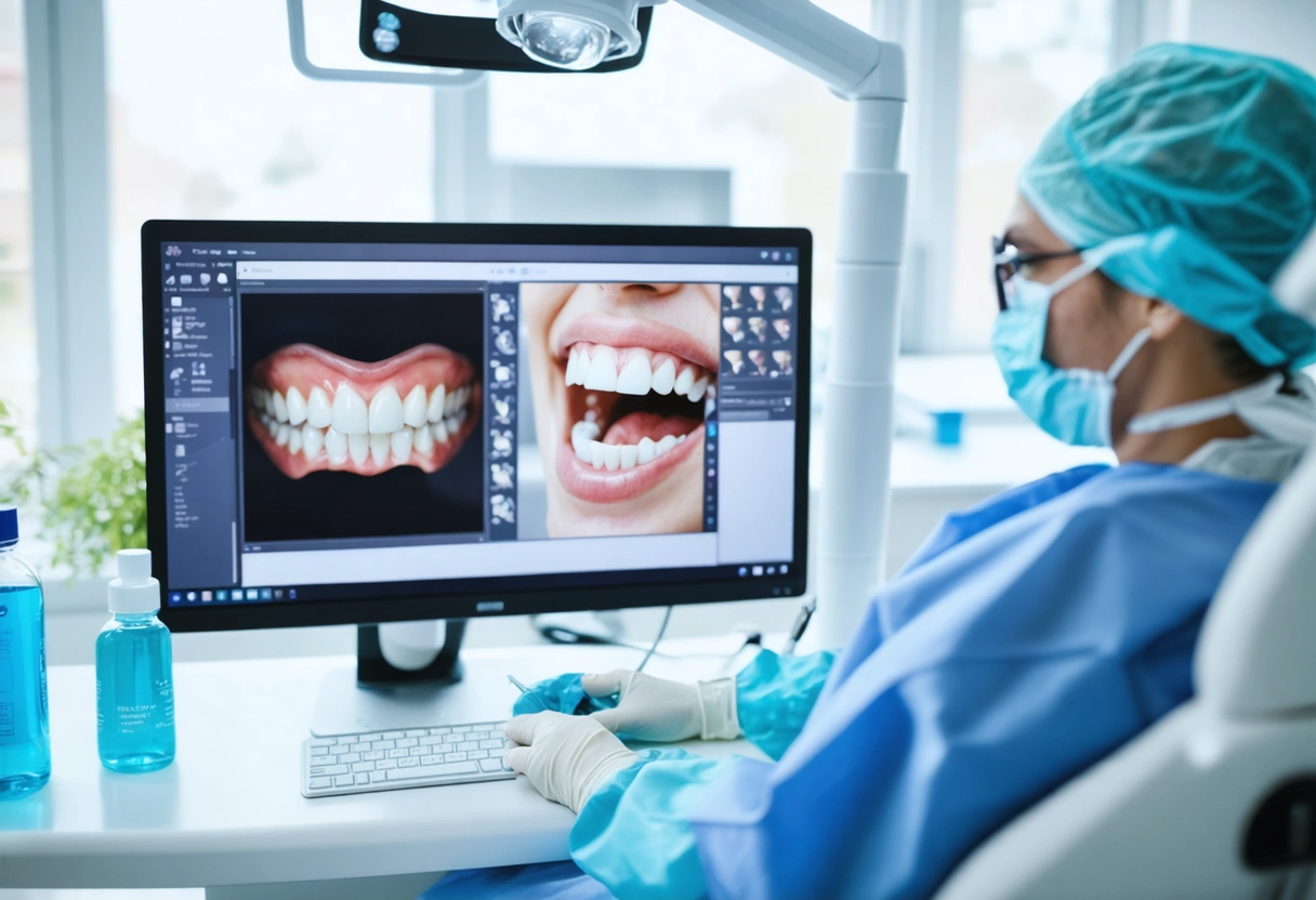 Dentist using 3D modeling software in modern clinic for smile transformation planning.