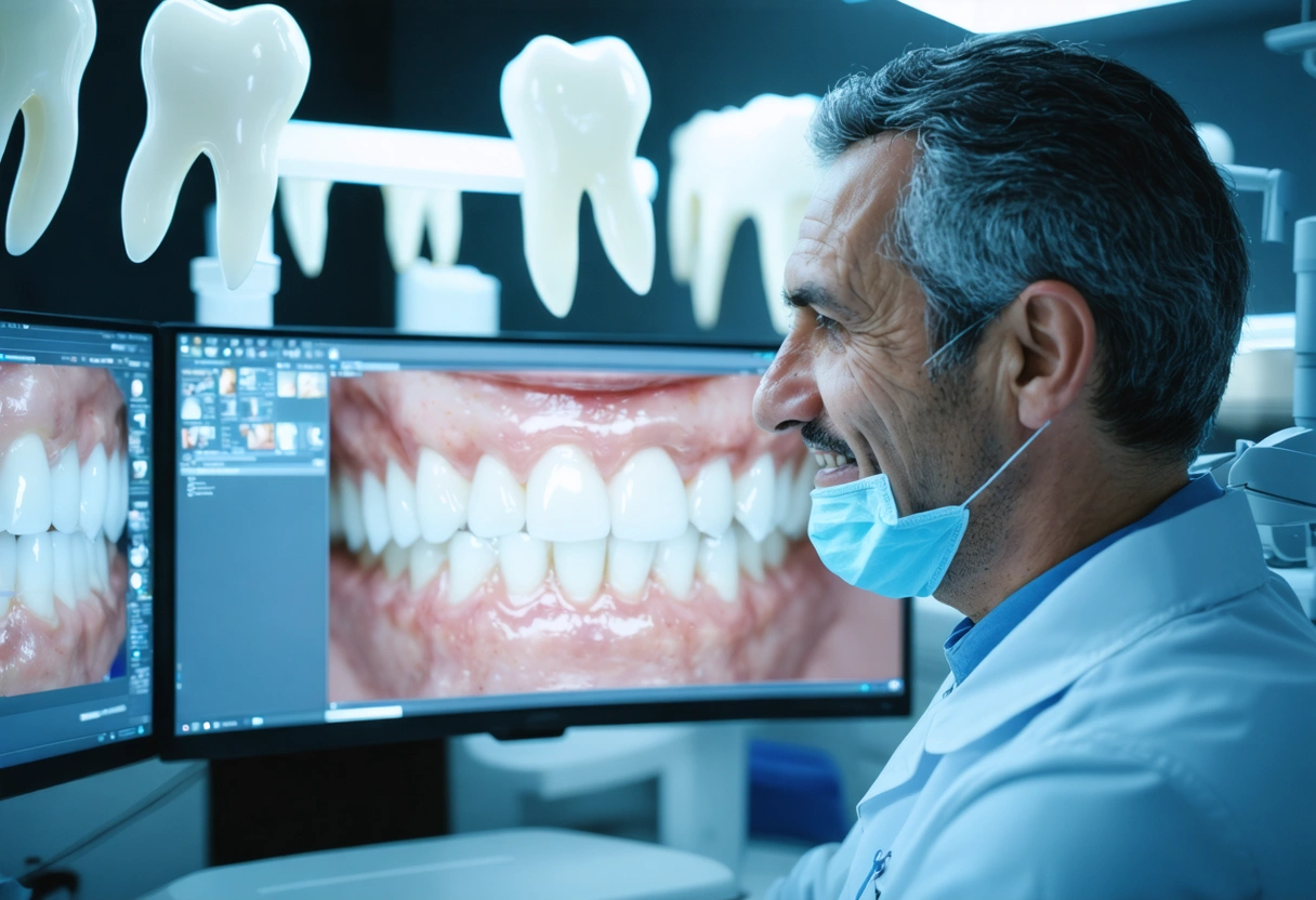 A dentist in a modern clinic uses 3D modeling software on a computer to plan