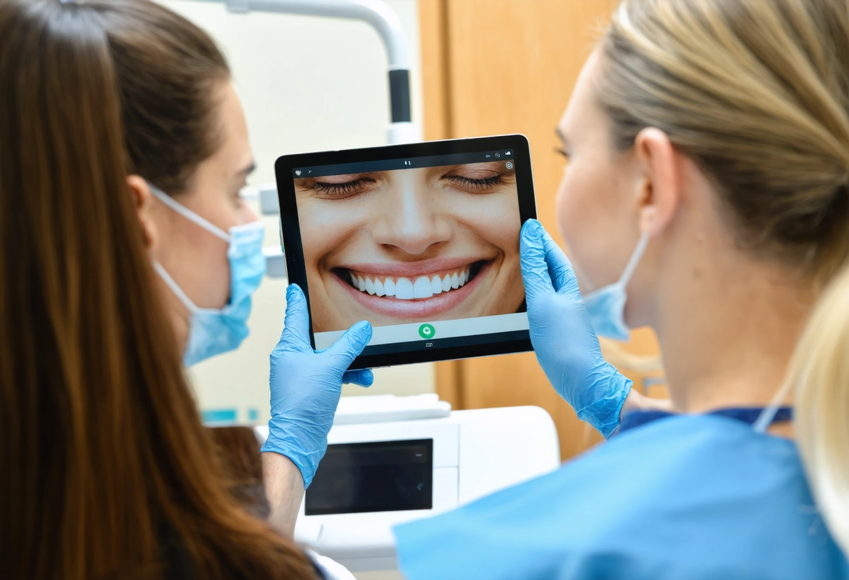 A dentist shows a patient before and after photos of a smile transformation on a