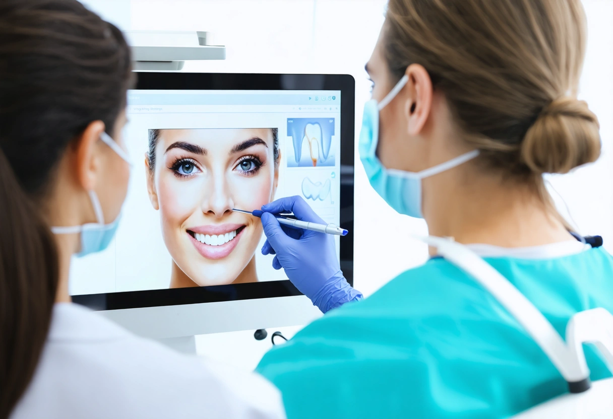 A dentist uses digital smile design technology on a screen, planning a patient's smile makeover.