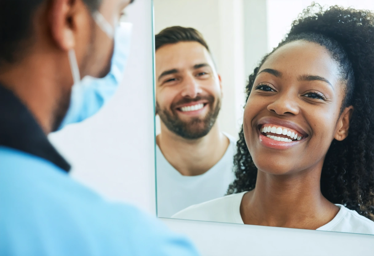 A happy patient admires their smile in a mirror at a dental clinic, dentist smiles