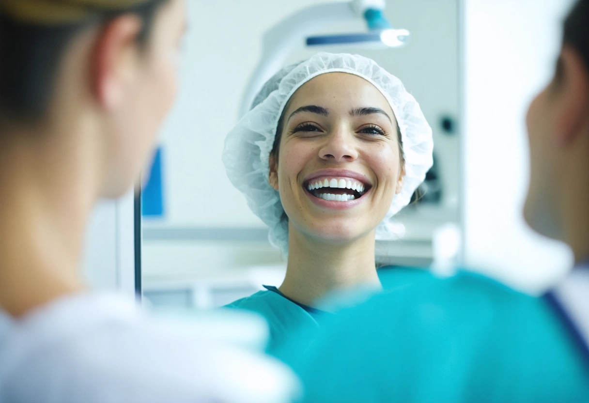 A happy patient admiring their new smile in a mirror after a Soleil Approach makeover.