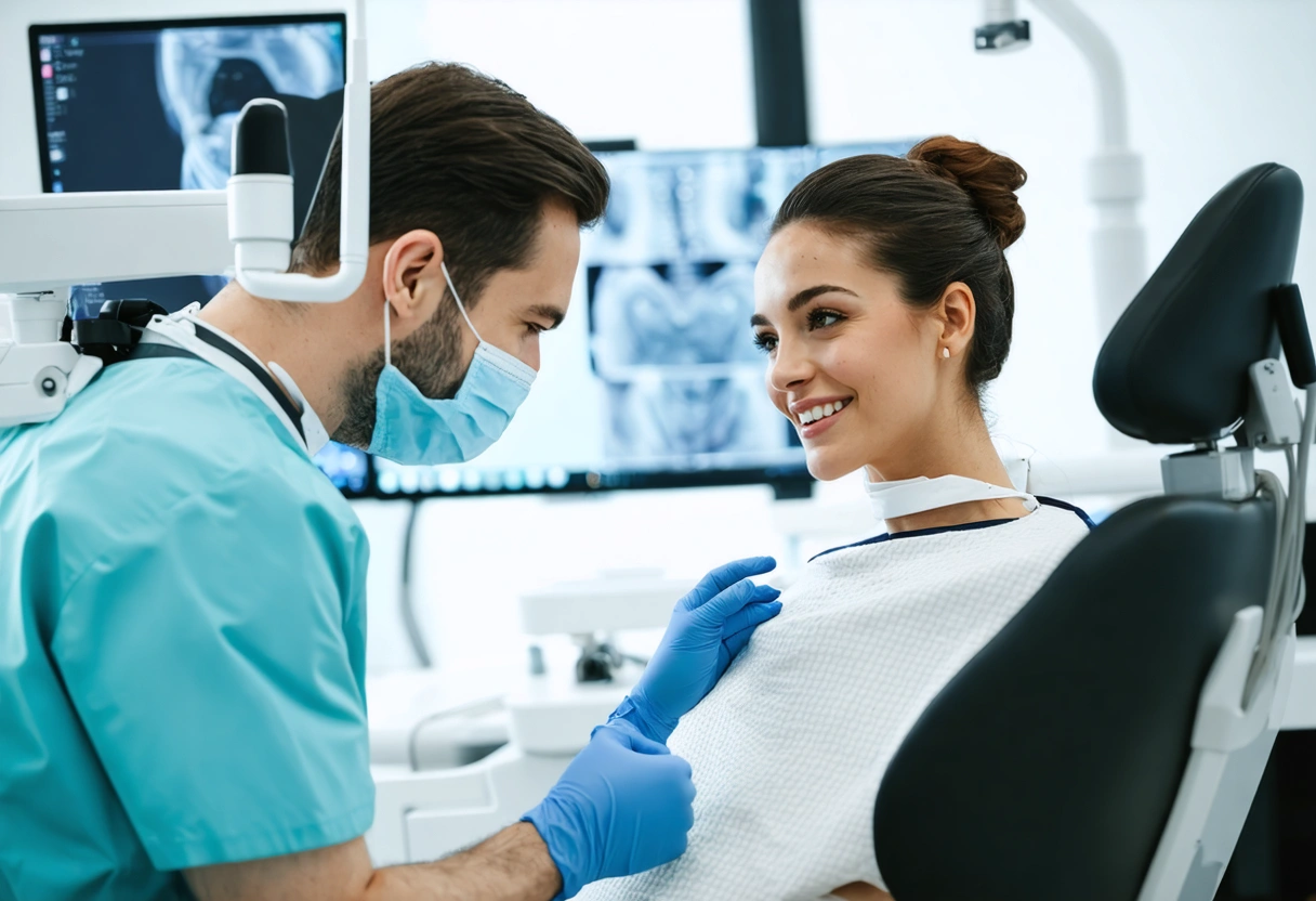 A modern dental studio showcasing advanced technology and a patient-centric approach. A dentist and patient