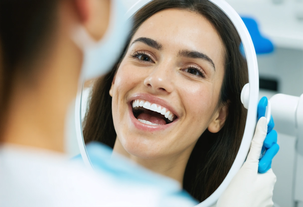 A patient admiring their new smile in a mirror at a dental studio. Soft, flattering