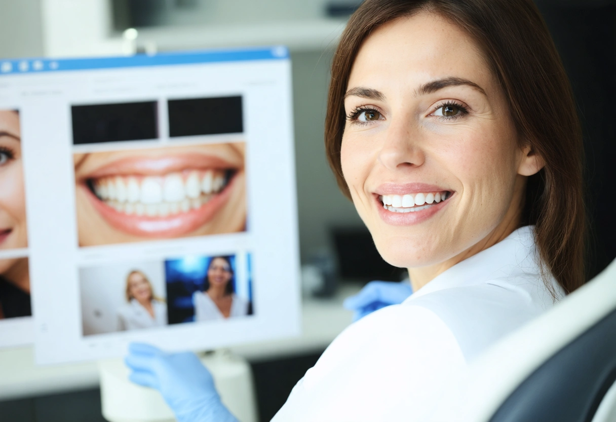 A patient consulting with a cosmetic dentist in a modern office, reviewing before-and-after photos. Bright,