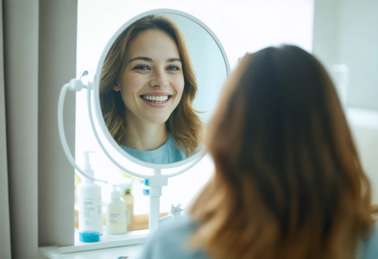 A patient looks into a mirror, admiring their new smile. The room is filled with