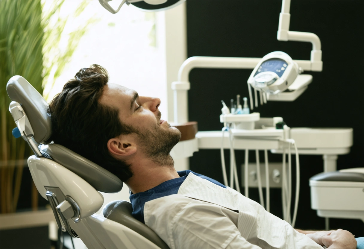 A patient relaxes in a dental chair in a tranquil, spa-like environment. The dentist discusses