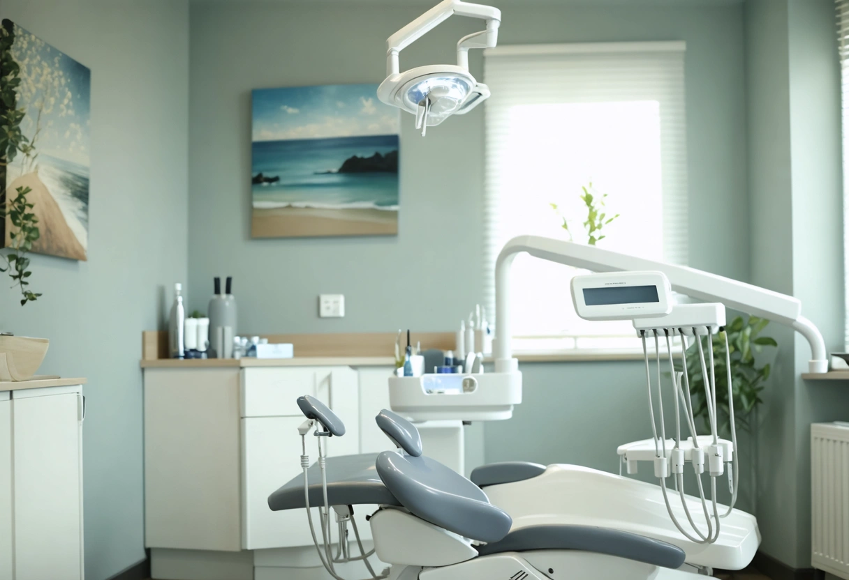 Calming dental office with soft colors, natural lighting, and soothing artwork at Soleil Dental Studio.