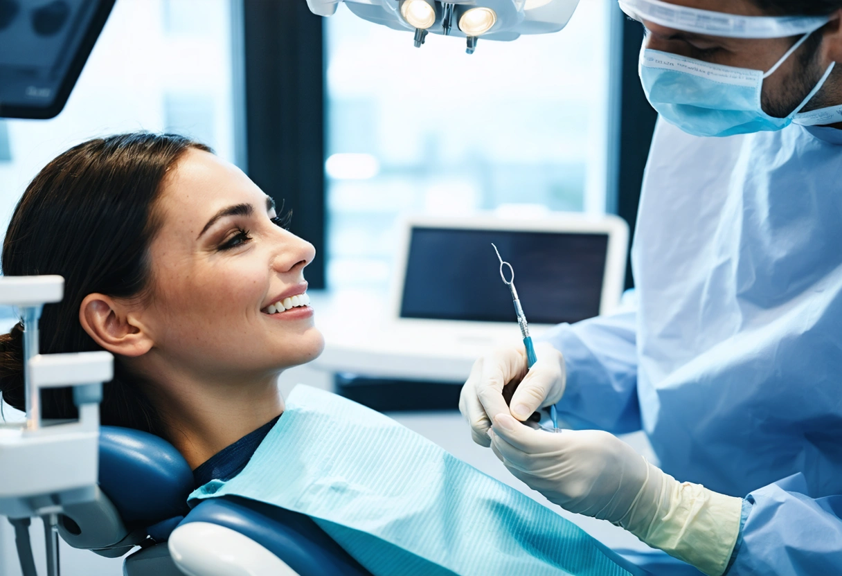 Dentist explaining cosmetic procedures in a serene, naturally lit dental studio.